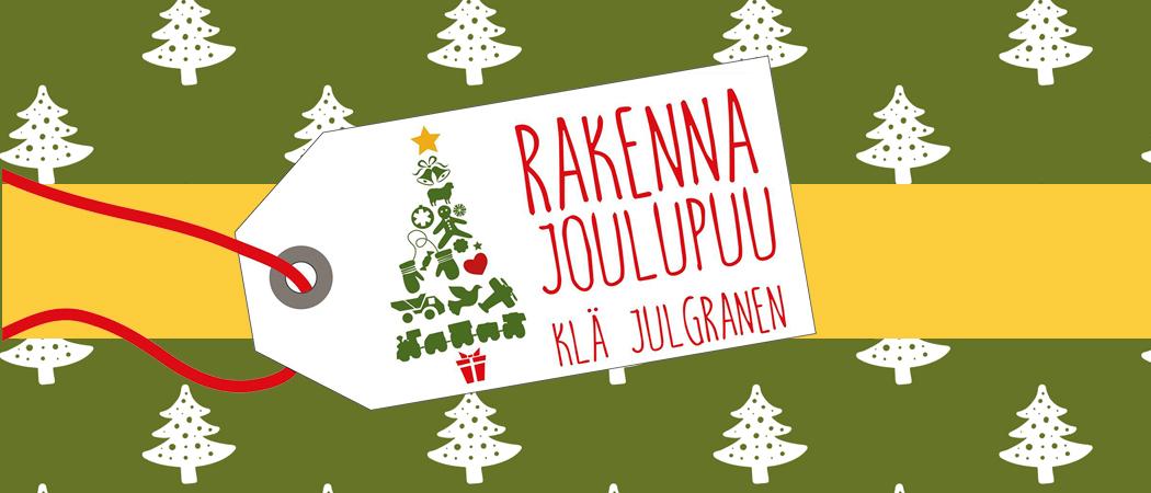 Taustalla piirrettyjä valkoisia kuusia vihreällä taustalla ja kuva sekä teksti Rakenna Joulupuu klä julgranen.