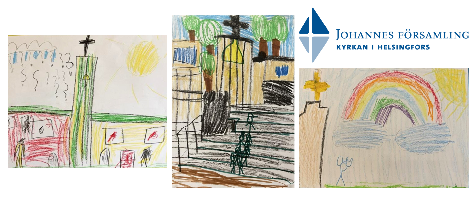 Tre barnteckningar som föreställer S:t Jacobs kyrka