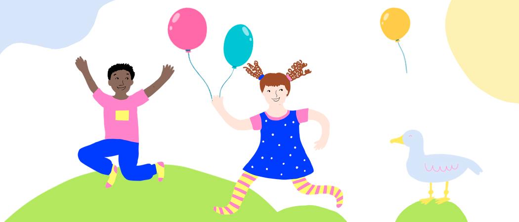 Kaksi piirrettyä lapsihahmoa värikkäissä vaatteissa lennokkaissa hyppy- ja juoksuasennoissa ilmapallot käsissään.
