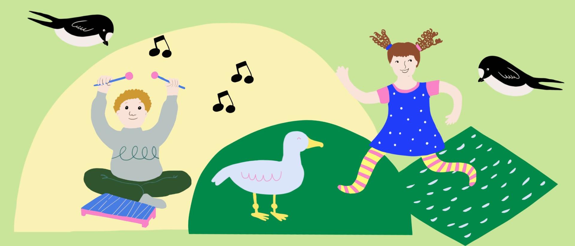 Piirroskuvitus, joss vihreällä pohjalla musisoivat ja hyppivät lapset, lintuja