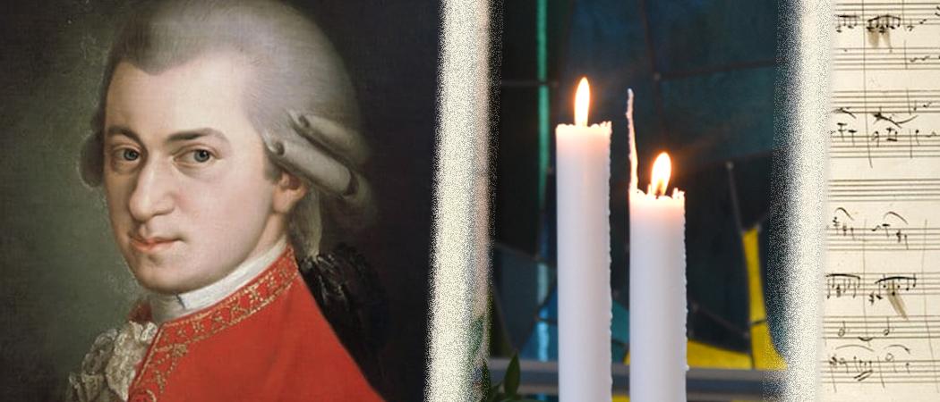 Vasemmalla Mozart, keskell&auml; kaksi kynttil&auml;&auml; ja oikeassa reunassa k&auml;sinkirjoitettuja nuotteja viivastolla. Kuvat: Left photo via Wikimedia Commons Public Domain Right photo: The British Library via Wikimedia Commons CC0 1.0