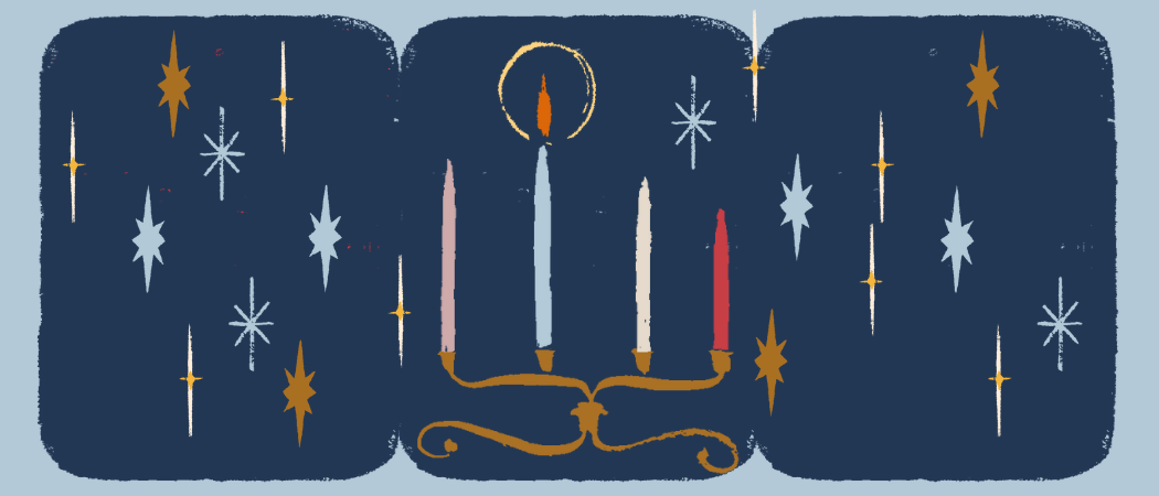 Piirretyssä adventtikynttelikössä yksi palava kynttilä, ympärillä tähtikuvioita.