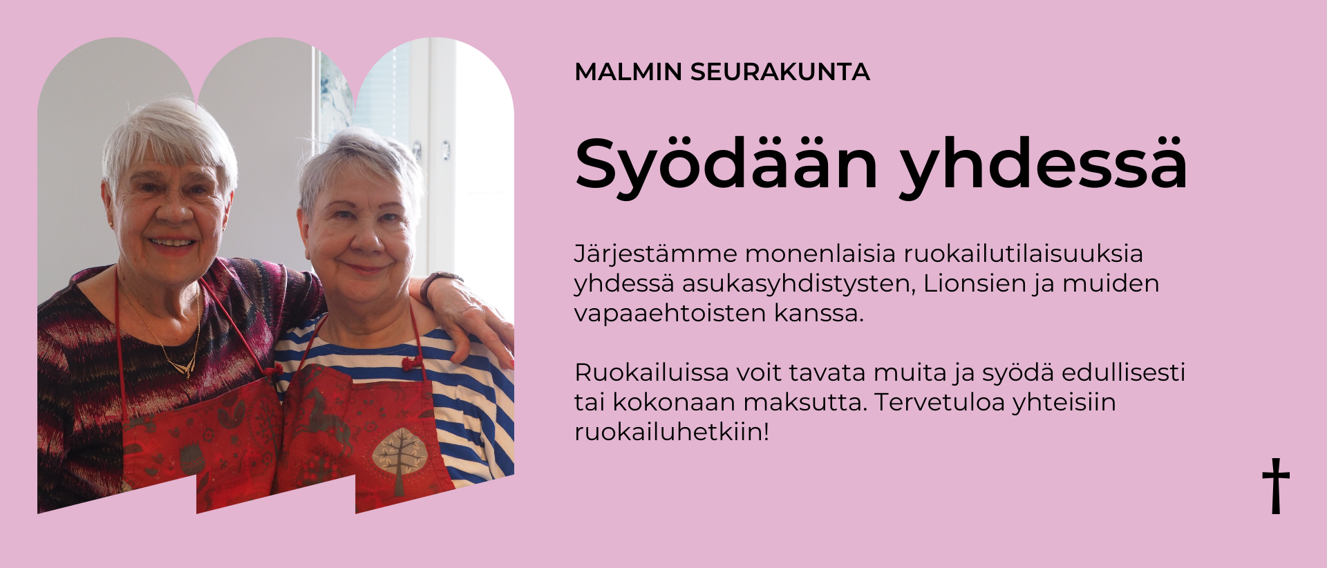 Vaaleanpunaisella pohjalla teksti Syödään, kuvassa kaksi iloista vapaaehtoista esiliinat yllään.