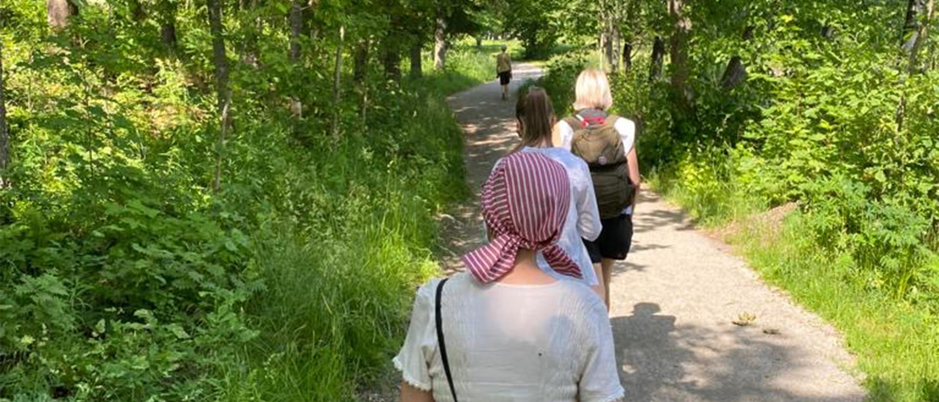 Ihmisiä kesäisessä maisemassa kävelemässä jonossa selin. Kuva Ulla Lumijärvi