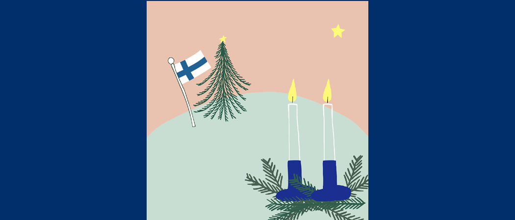 Suomen lippu ja kuusi mäellä, kaksi sinivalkoista kynttilää palaa havujen päällä.