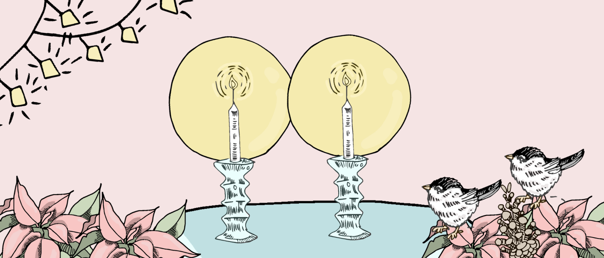 Piirroskuva, jossa kaksi adventtikynttilää pöydällä, kaksi lintua ja kukka