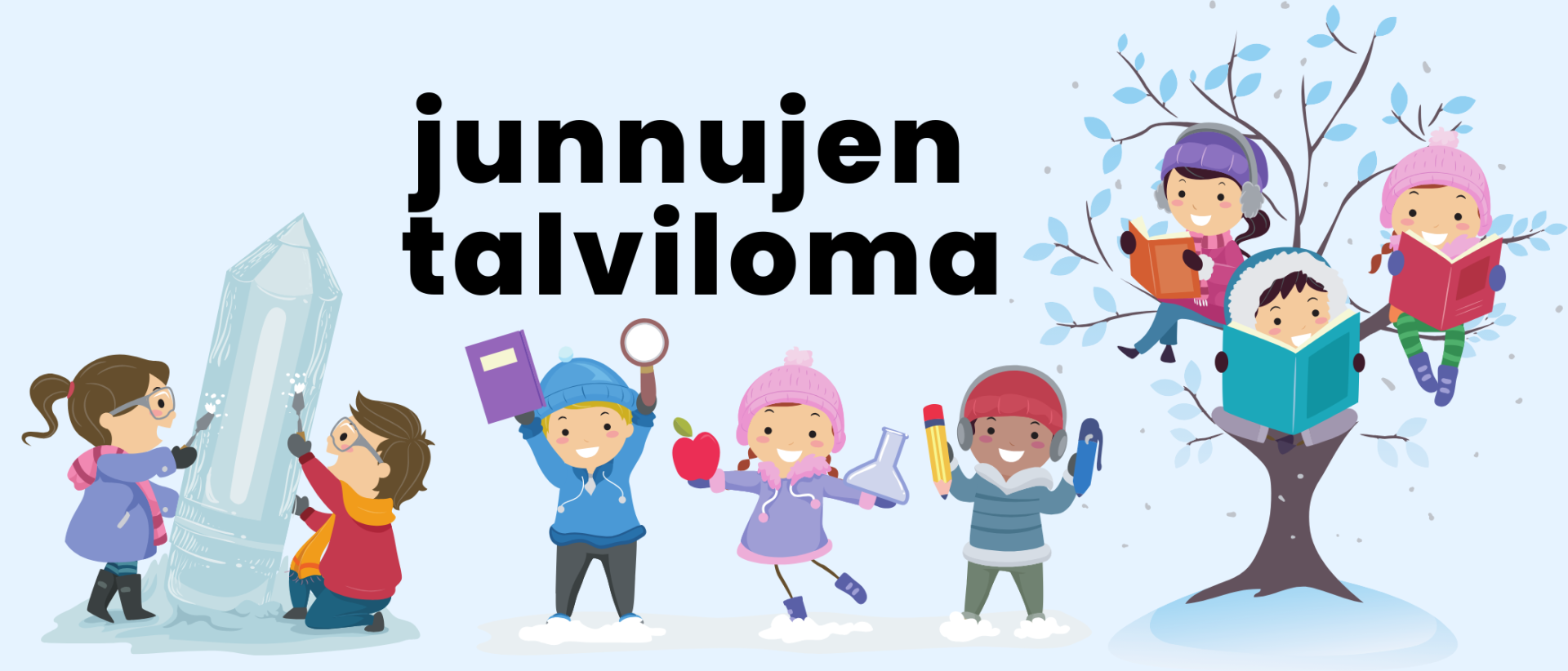 vaalean sinisella taustalla piirrettyjä lapsia talvipuuhissa.