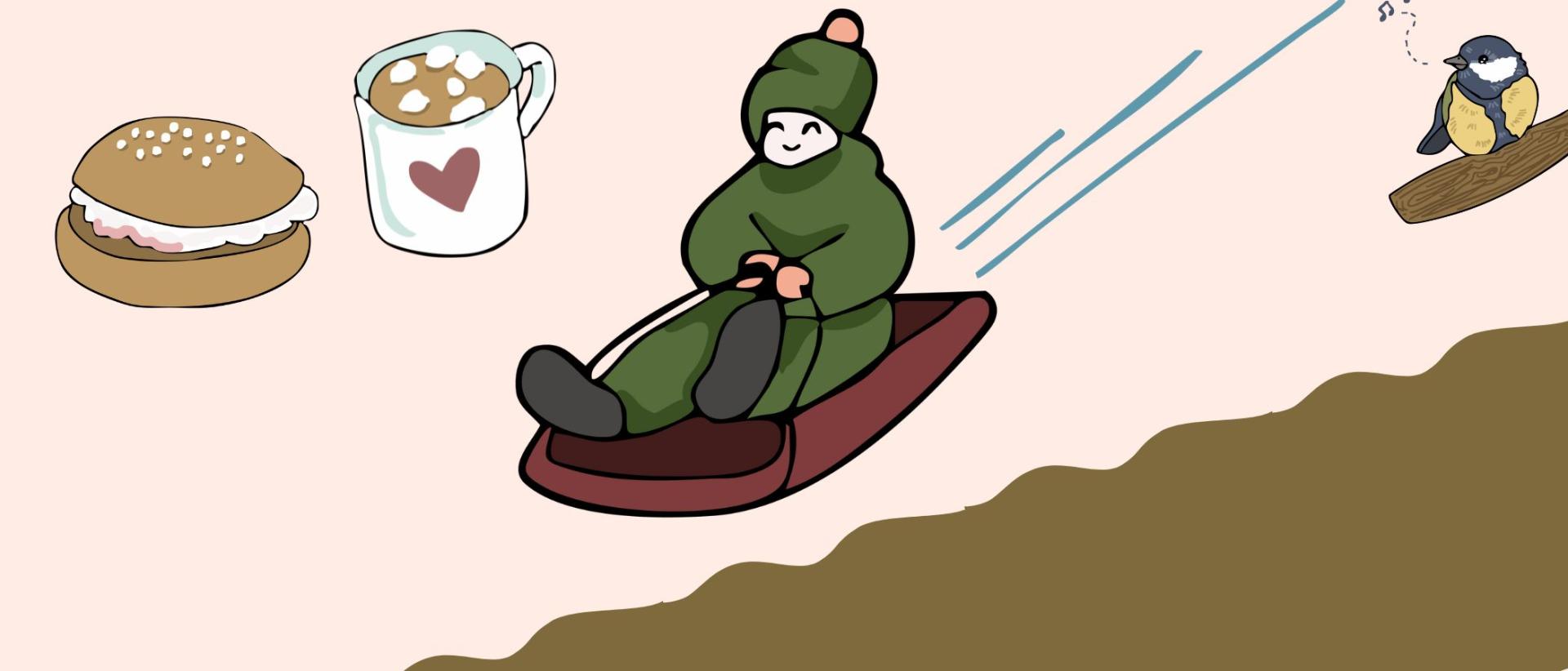 Piirroskuvissa laskiaispulla, kaakaomuki ja pulkalla laskeva lapsi