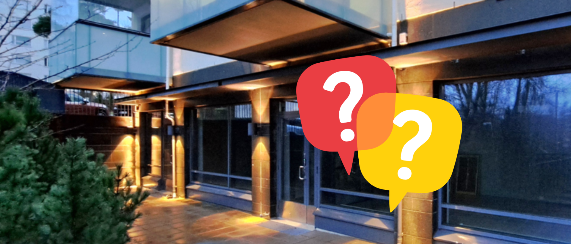 Ulkokuva Hiiht&auml;j&auml;ntie 1-3 E tilasta ja v&auml;rikk&auml;&auml;t kysymysmerkit