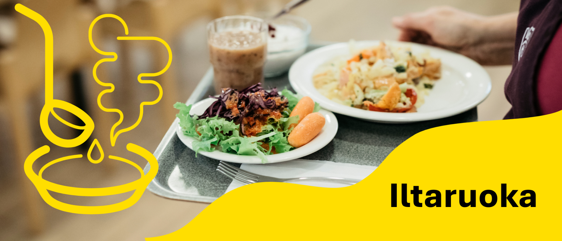 Iltaruokaa tarjottimella, keltainen piktogrammi ja aaltografiikka