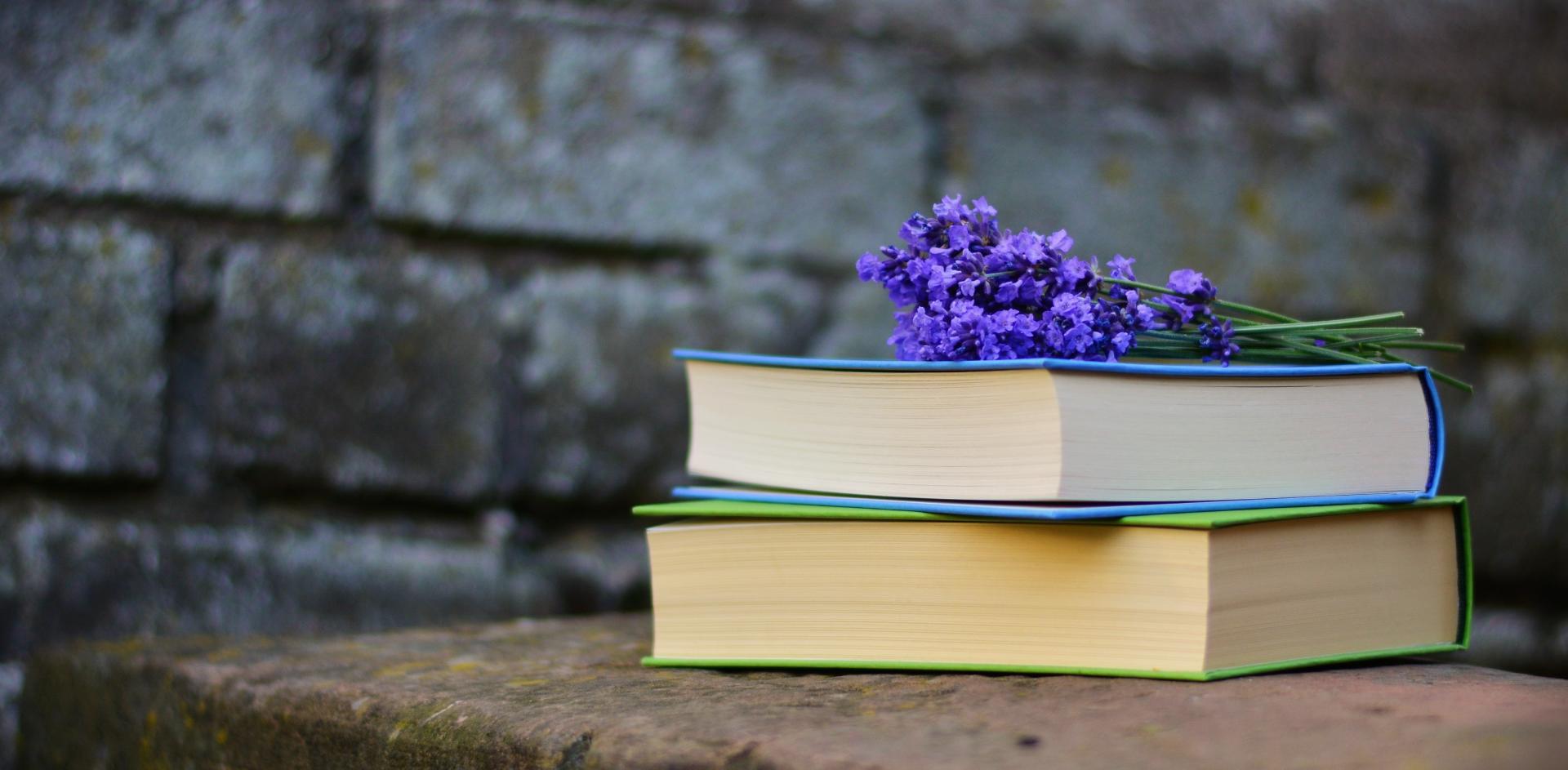 Kaksi kirjaa, joiden päällä violetteja kukkia.