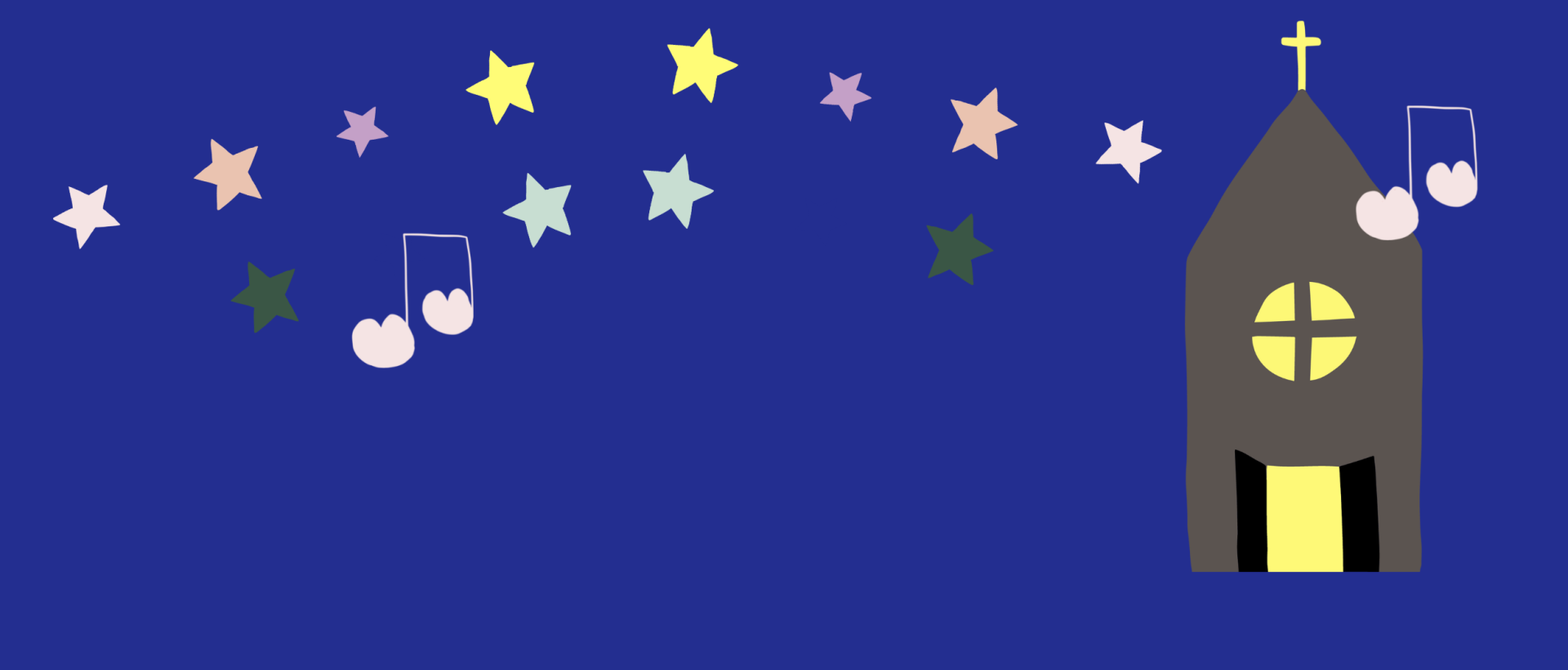 Jouluilme sinisellä pohjalla kirkko josta lähtee tähti- ja nuottisadetta