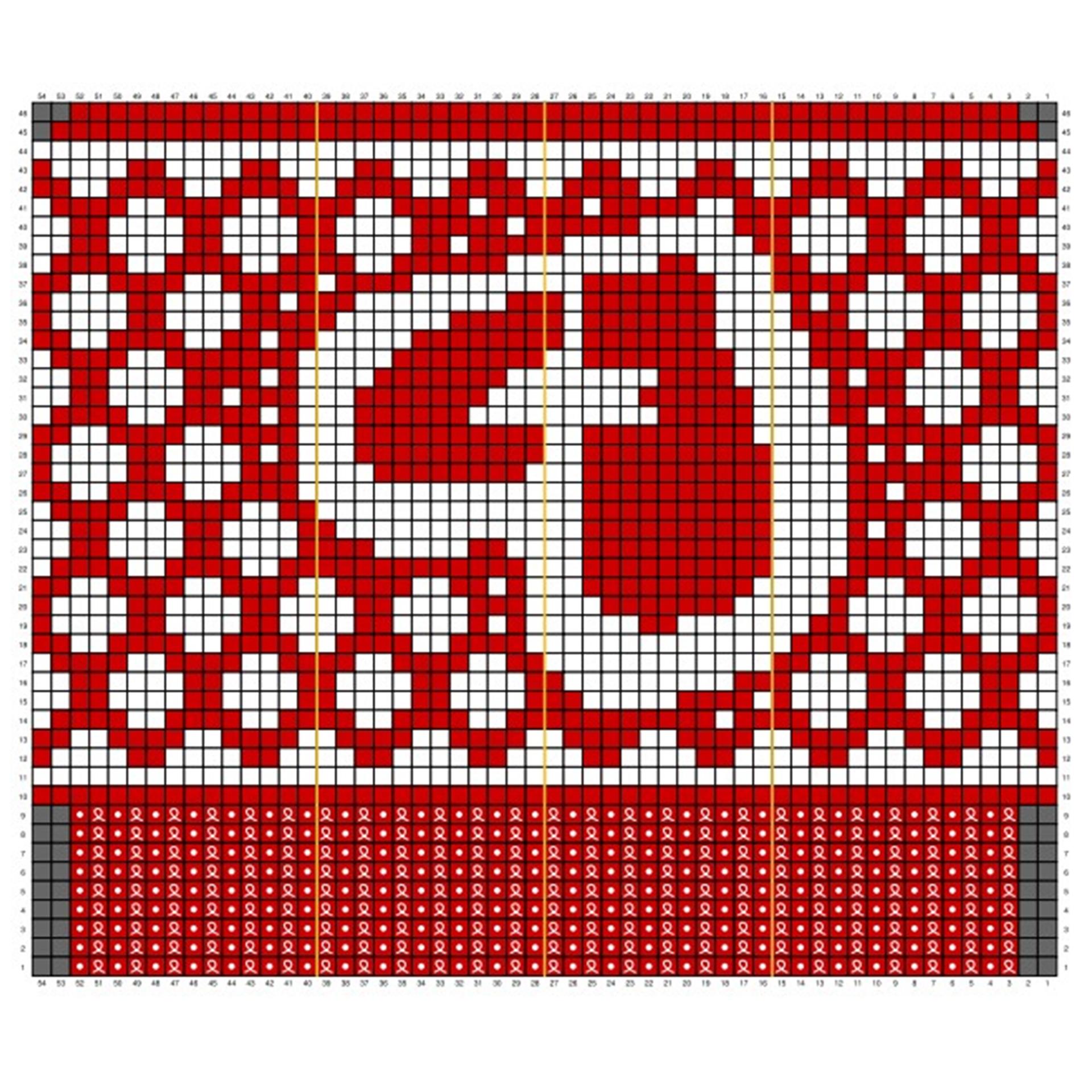 Villasukkaohjeen kuvion kuva, valkoista ja punaista ruudukossa