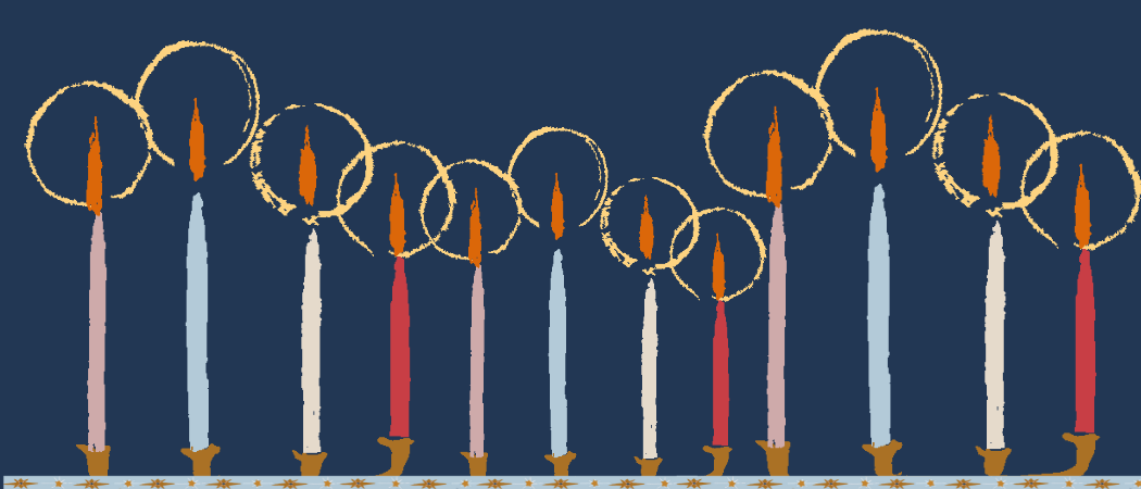 Useita piirrettyjä eri värisiä palavia kynttilöitä tummaa taustaa vasten.