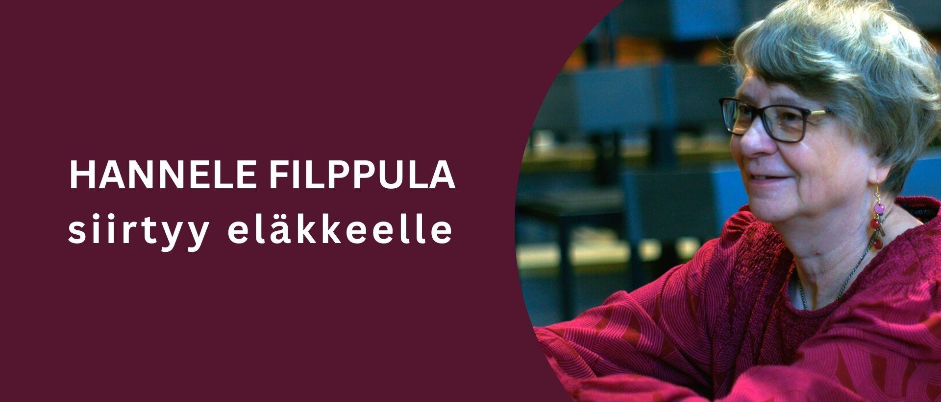 Hannele Filppula nojaa flyygeliin, sivuprofiili. Teksti Hannele Filppulla siirtyy eläkkeelle.