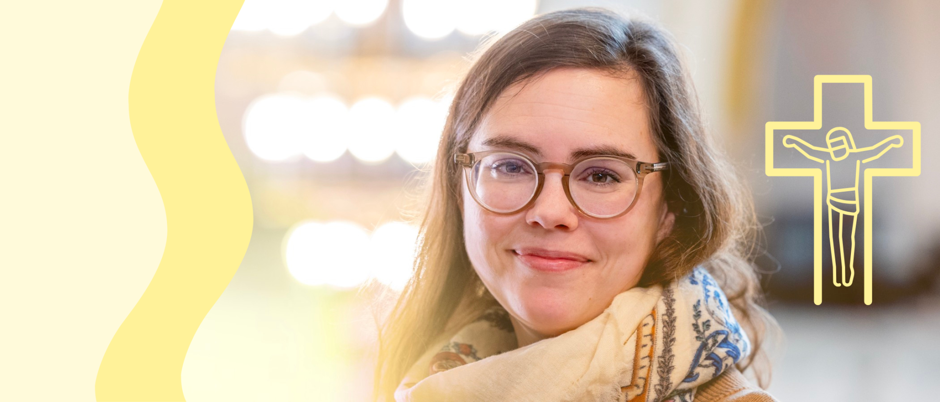 Pääsiäinen 2026. Naisen kasvot, keltainen ristiinnaulitun piktogrammi ja aaltokuviota