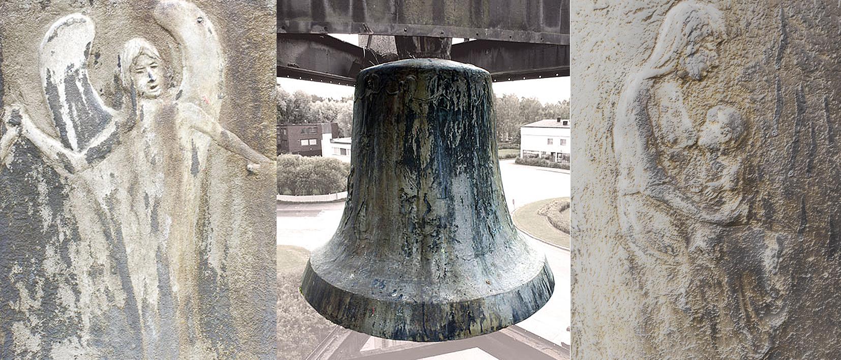 Kollaasikuva. Keskellä Tammisalon kirkon kello, vasemmalla kellon kuva-aiheista enkeli ja oikealla Syntymä ja lapsuus. Kuvat: Asko Tolonen