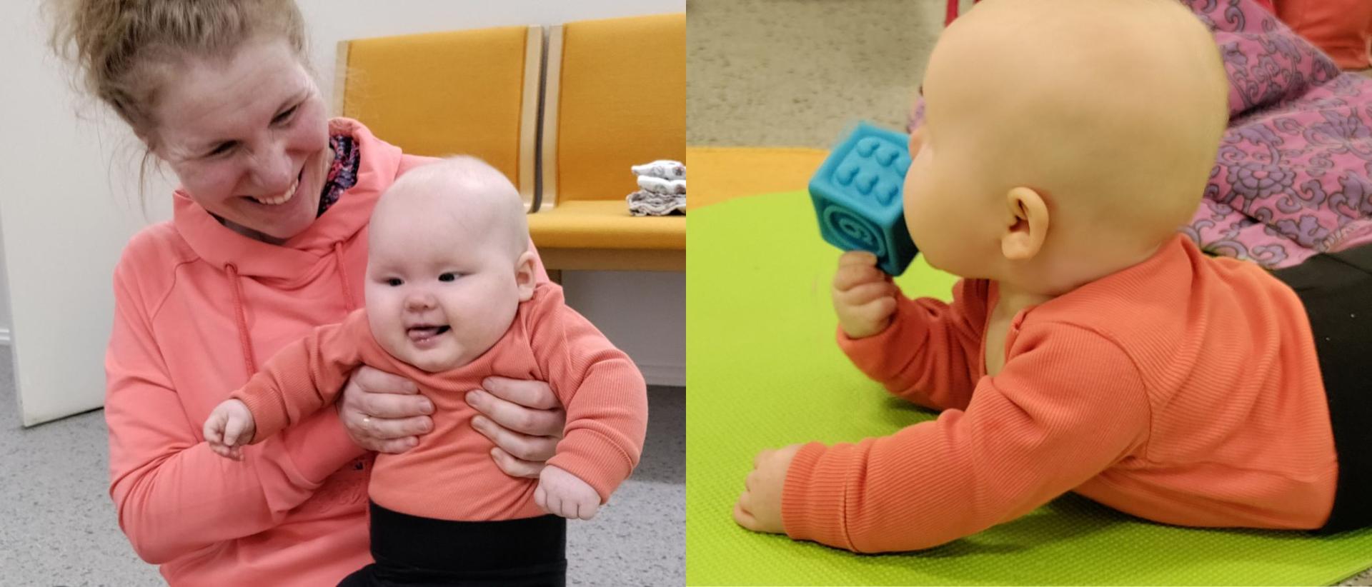 Heidi Virtanen Aalo-vauva sylissään Herttoniemen srk ensivauvaryhmässä. Kollaasi