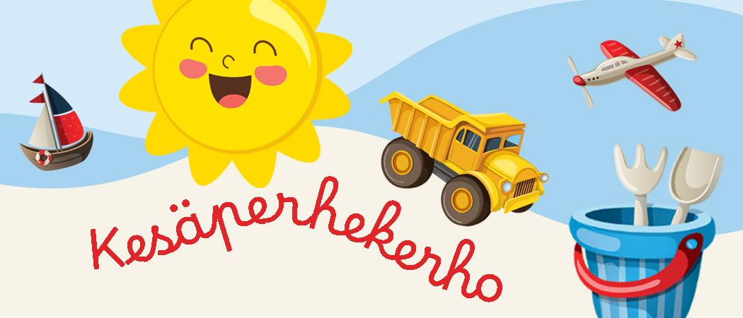 Piirretyssä kuvassa kesäisiä elementtejä, hiekkaleluja, aurinko, laiva. Teksti: kesäperhekerho.