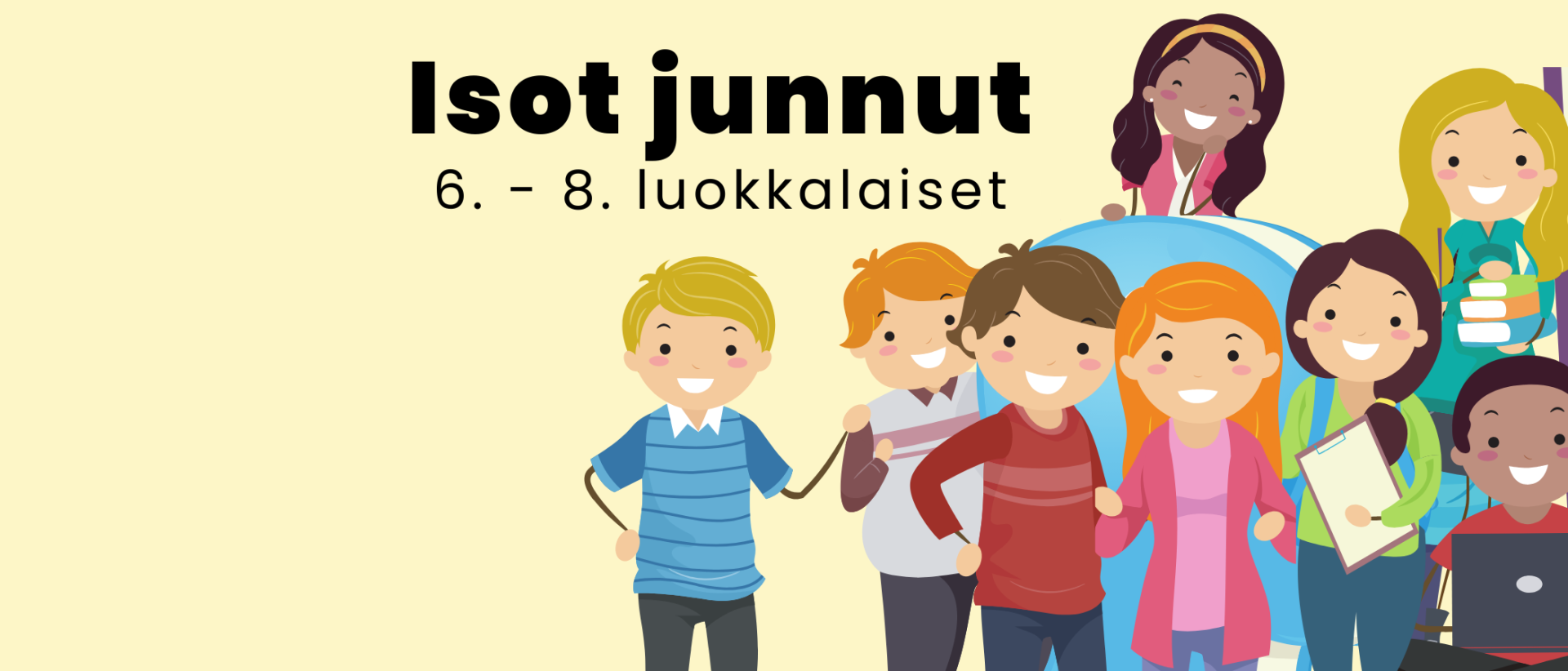 keltaisella taustalla kuva piirretty kuva nuorista.