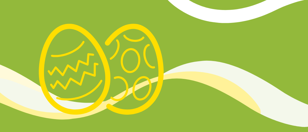 Kaksi pääsiäismunaa esittävää piktogrammia, taustalla koristeita.