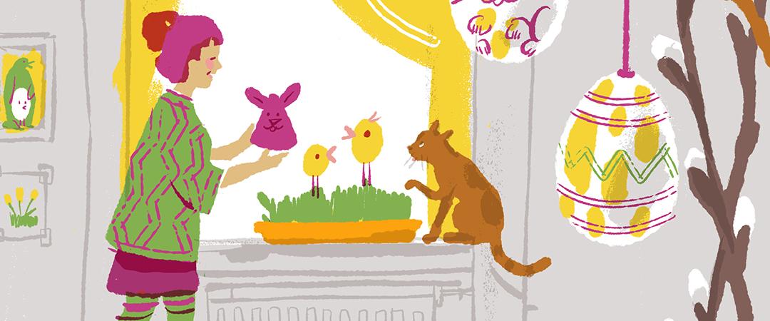 Piirroskuvassa nainen vasemmassa reunassa ikkunalla rairuohoa ja kissa, oikealla pääsiäismuna, kuva Ilja Karsikas. Vain TMKSRK käyttöön