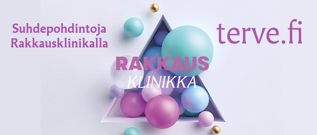 Teksti Suhdepohdintoja rakkausklinikalla, Rakkausklinikka, terve.fi, taustalla värillisiä palloja