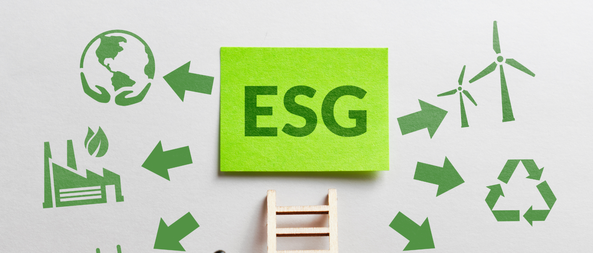 ESG-kyltti ja nuolia vastuullisuuteen liittyviin ikoneihin.