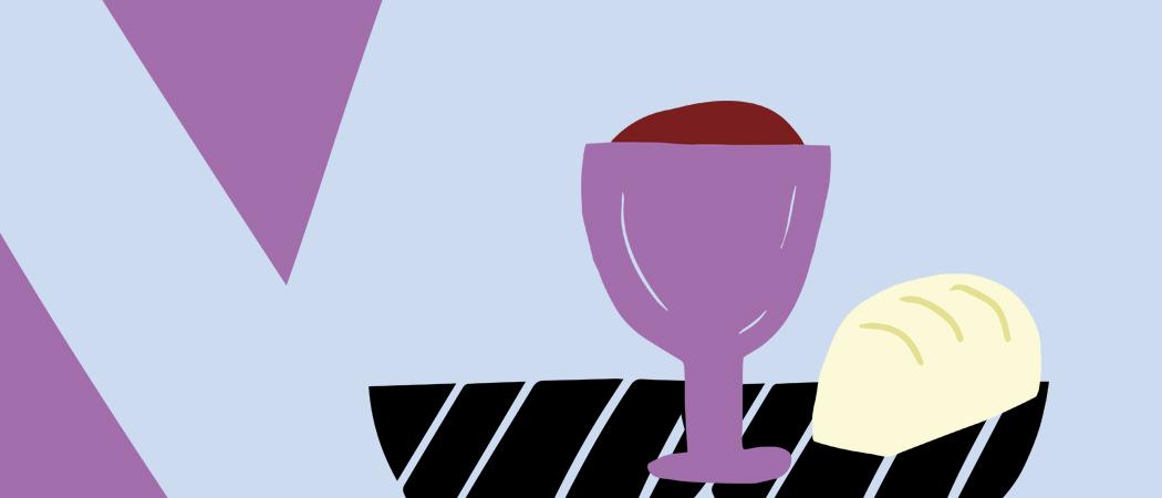 Piirretyssä kuvassa violetteja ja mustia kuvioita ja viinimalja ja leipä.