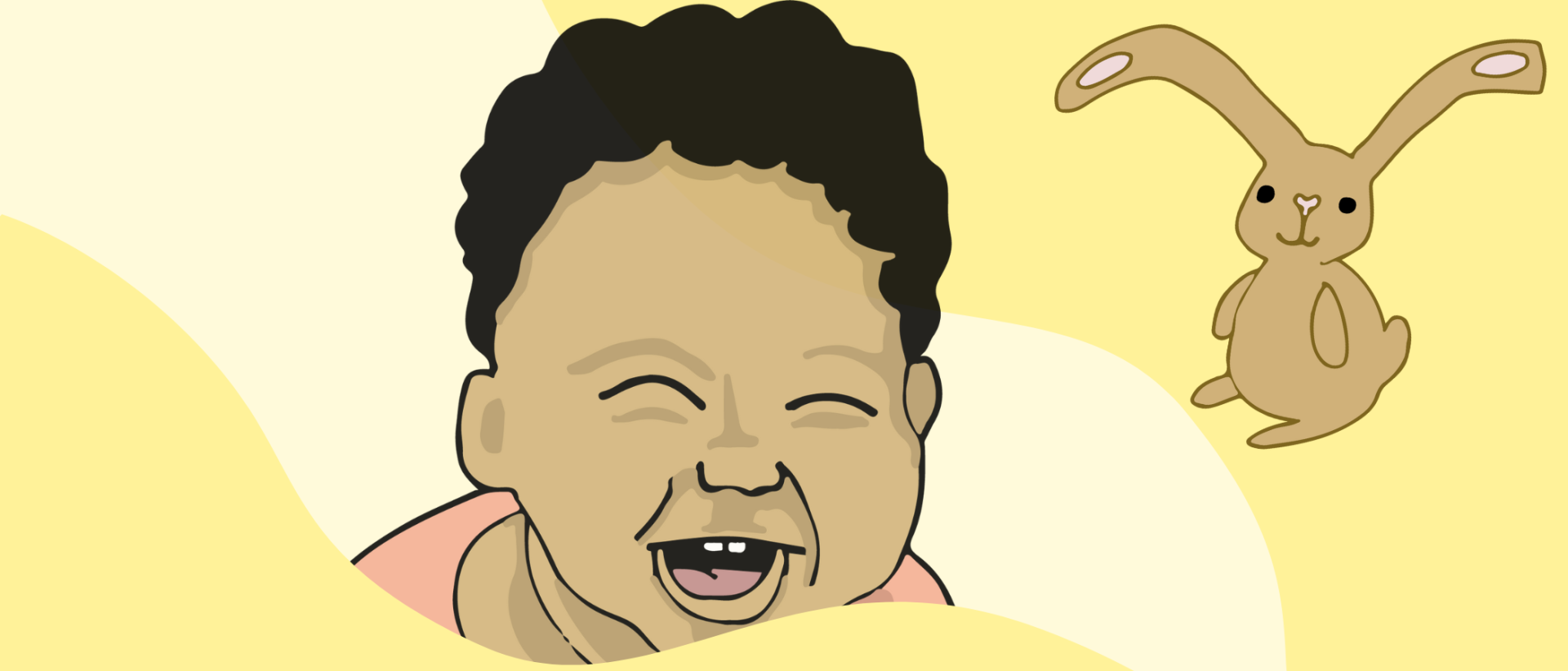 naurava vauva ja pupu. Keltaiset uuden kirkon ilmeen mukaiset aallot.