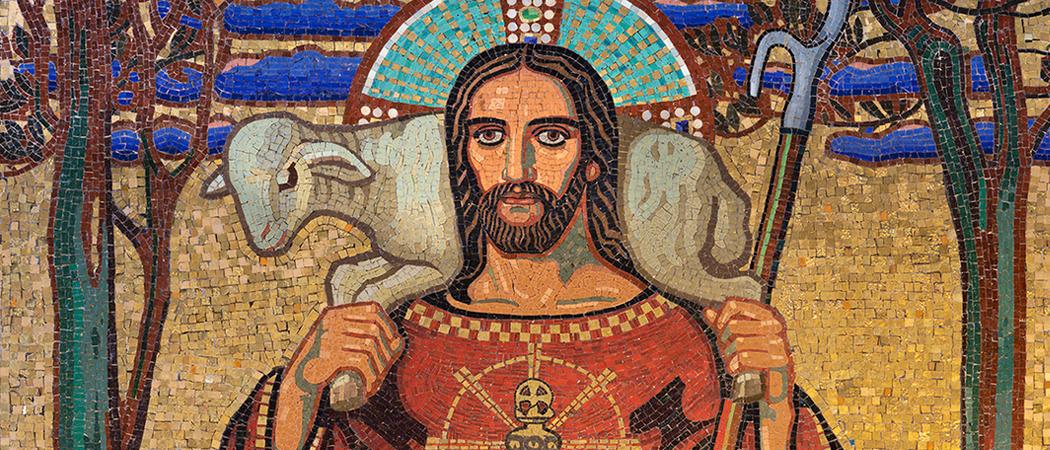 Mosaiikki jossa Jeesus kantaa harteillaan lammasta. Hyv&auml; paimen.