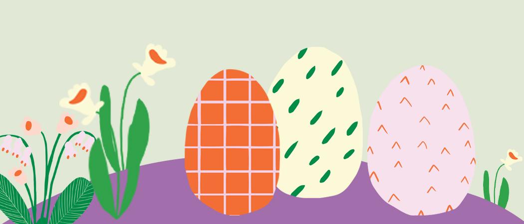 Piirrettyjä kuvioituja ja värikkäitä pääsiäismunia.