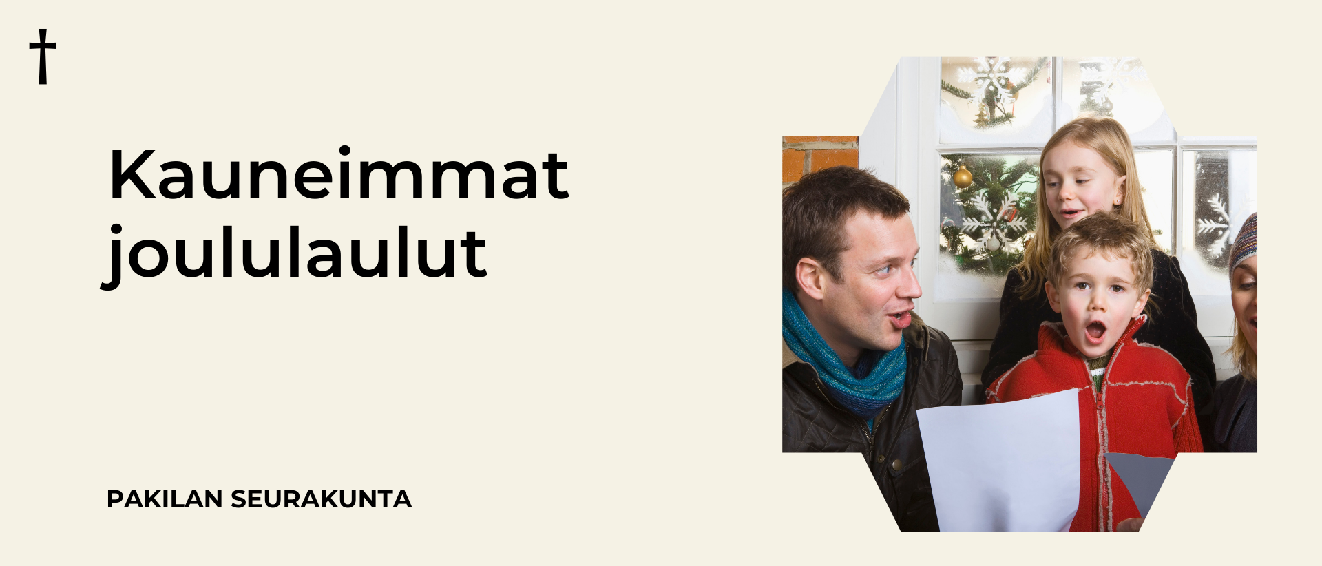 Vaalealla taustalla vasemmalla musta teksti Kauneimmat joululaulut, Pakilan seurakunta ja oikealla kuva laulavista ihmisistä.
