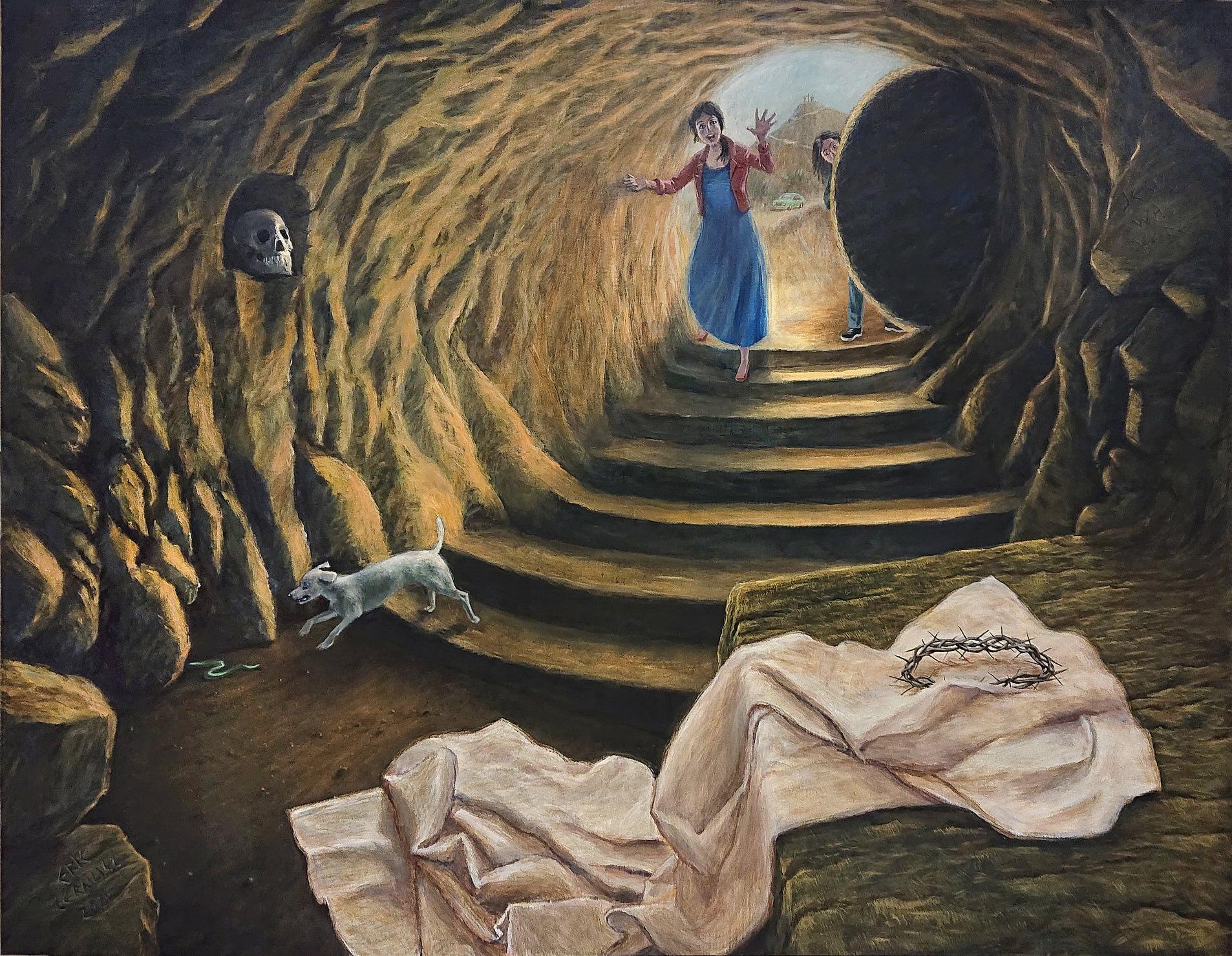 Jeesuksen tyhjä hauta, jonka suulta on kivi vieritetty pois. Haudassa käärinliina ja orjantappurakruunu