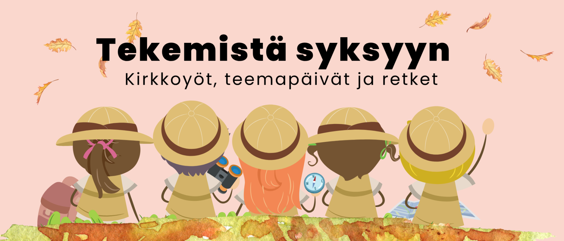 punertavall pohjalla piirrettyjä lapsia istumassa. Kuvassa teksi: