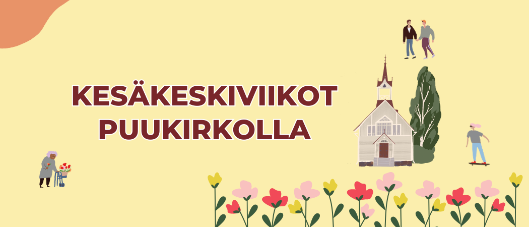 Kuvitettuja hahmoja, Oulukylän vanha kirkko ja kukkia.