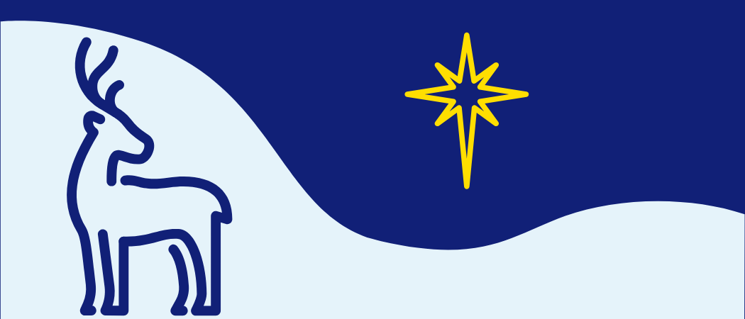 Piirretty poro lumihangessa katselee kirkasta joulutähteä tummalla taivaalla.