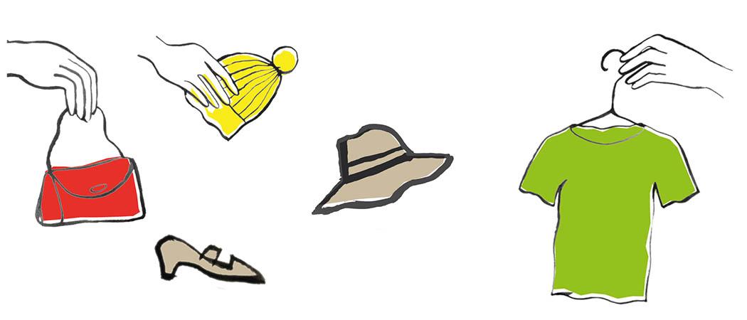 Piirrettyjä kuvia vaatteista ja ekopaaston logo