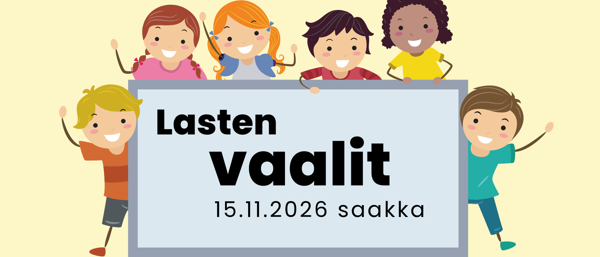 kuvitusmaisia piirroskuvia lapsista ja teksti Lasten vaalit 15.11.2026 saakka
