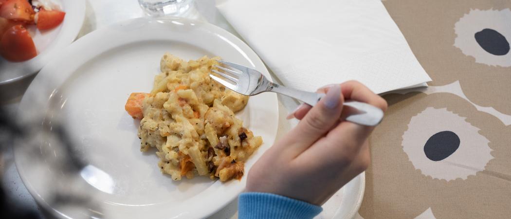 Ruoka-annos lautasella, k&auml;si joka pitelee haarukkaa.