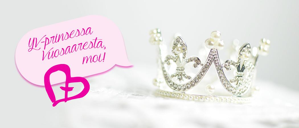 Prinsessan kruunu, siitä lähtee puhekupla jossa lukee: YV-prinsessa Vuosaaresta, moi! Puhekuplan alla Yhteisvastuukeräyksen logo.