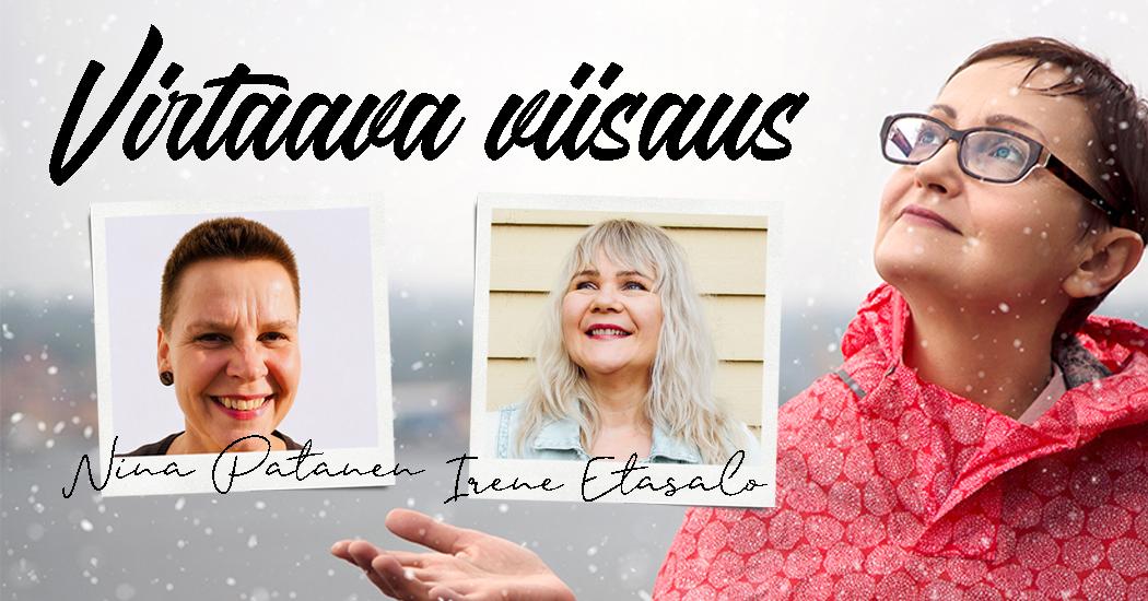 Virtaava viisaus ryhm&auml;n ohjaajat pieniss&auml; polaroid kuvissa, taustalla kuva jossa el&auml;ikeik&auml;&auml; l&auml;hestyv&auml; nainen katsoo kiinnostuneena yl&ouml;sp&auml;in.
