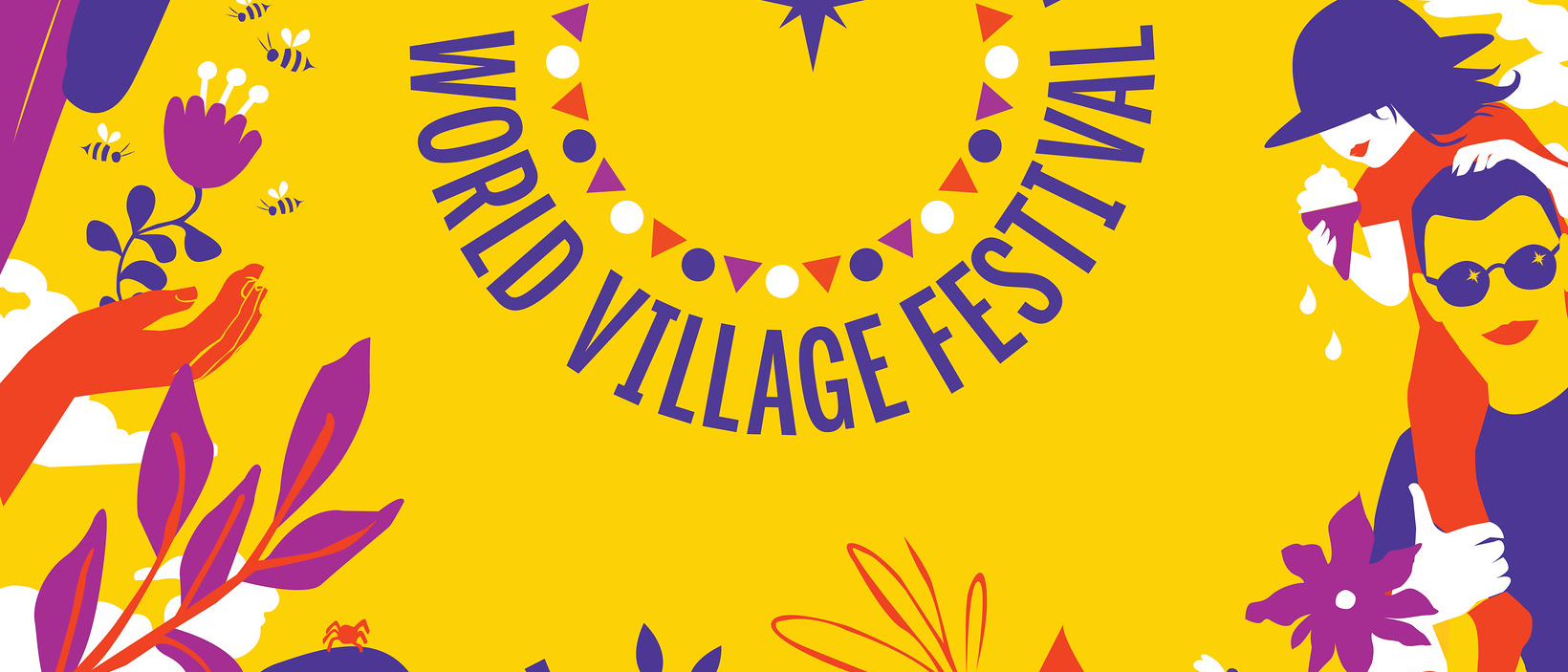 Texten Worl village festival på en färggrann botten.