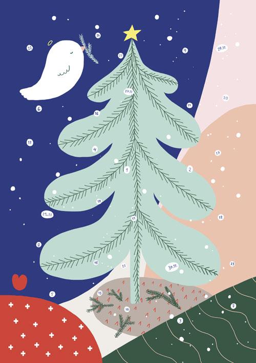 Joulukalenterin piirretty kansikuva, missä joulukuusi ja rauhankyyhky