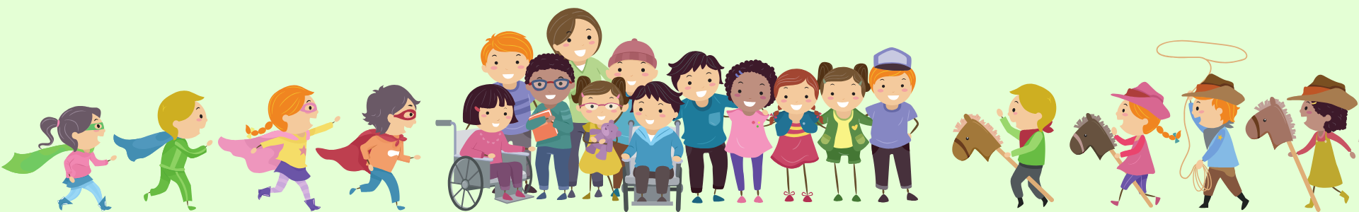 Vaalean vihre&auml;ll&auml; taustalla joukko erilaisia piirrettyj&auml; lapsia