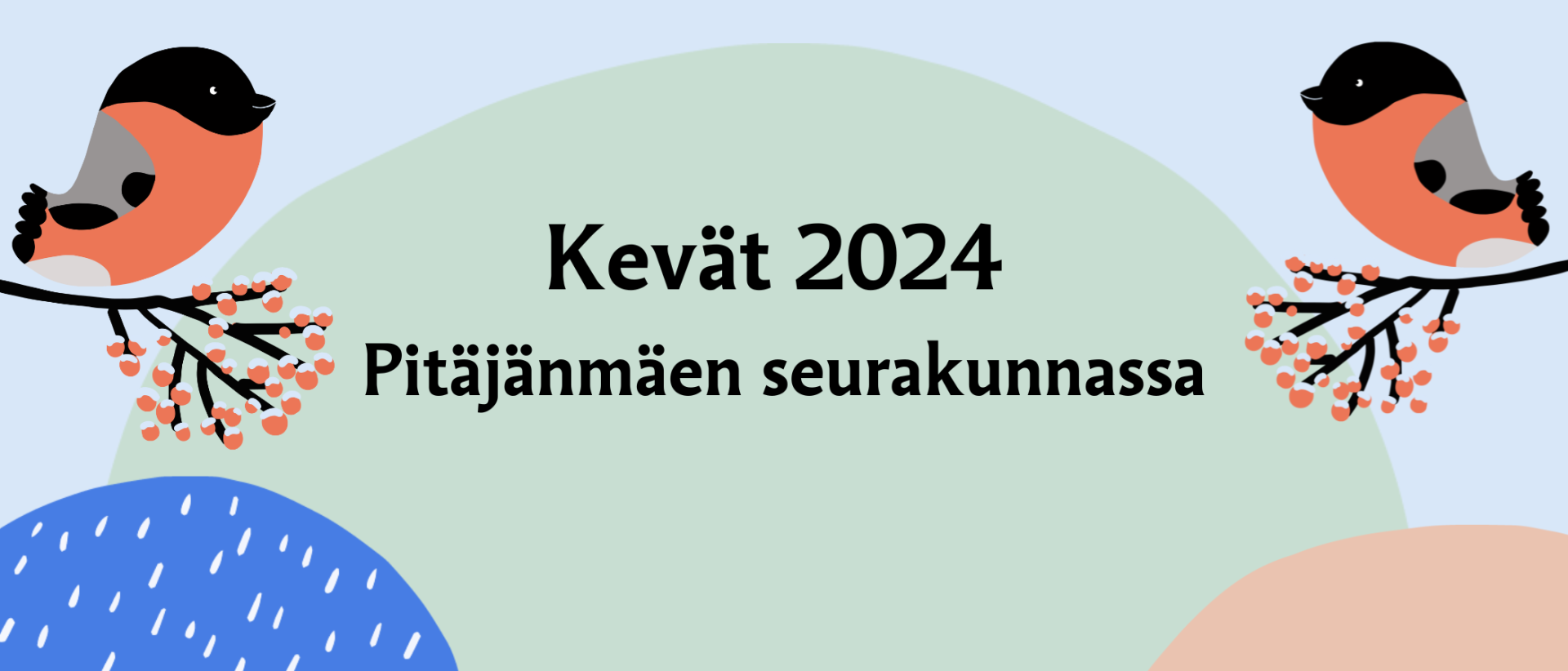 Piirroskuvassa kaksi punatulkkua ja graafisia elementtejä sekä teksti: Kevät 2024 Pitäjänmäen seurakunnassa