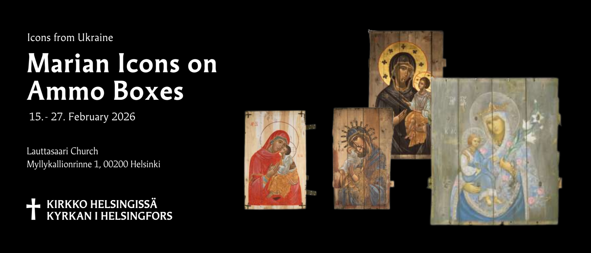 Ikoneita tummalla taustalla.