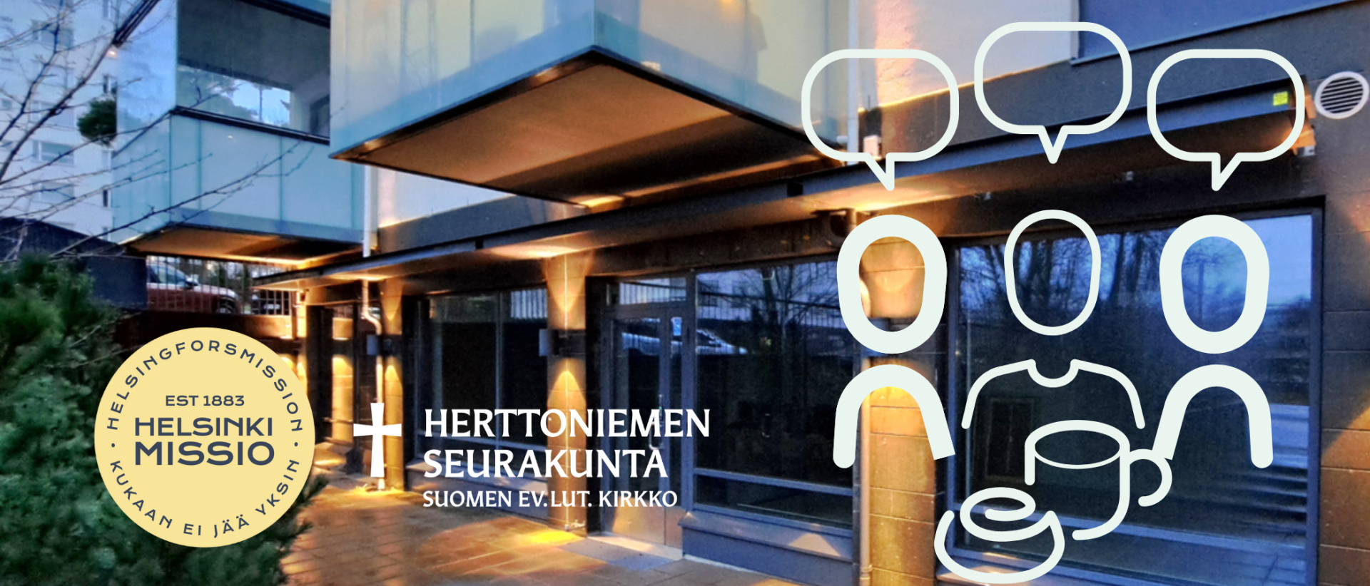 Senioripysäkki Herttoniemi Taustalla kuva Hiihtäjäntie 1-3 E kerhotilasta. Piktogrammit puhuvista päivstä, kahvista ja pullasta. Seurakunnan ja Helsinki Mission logot