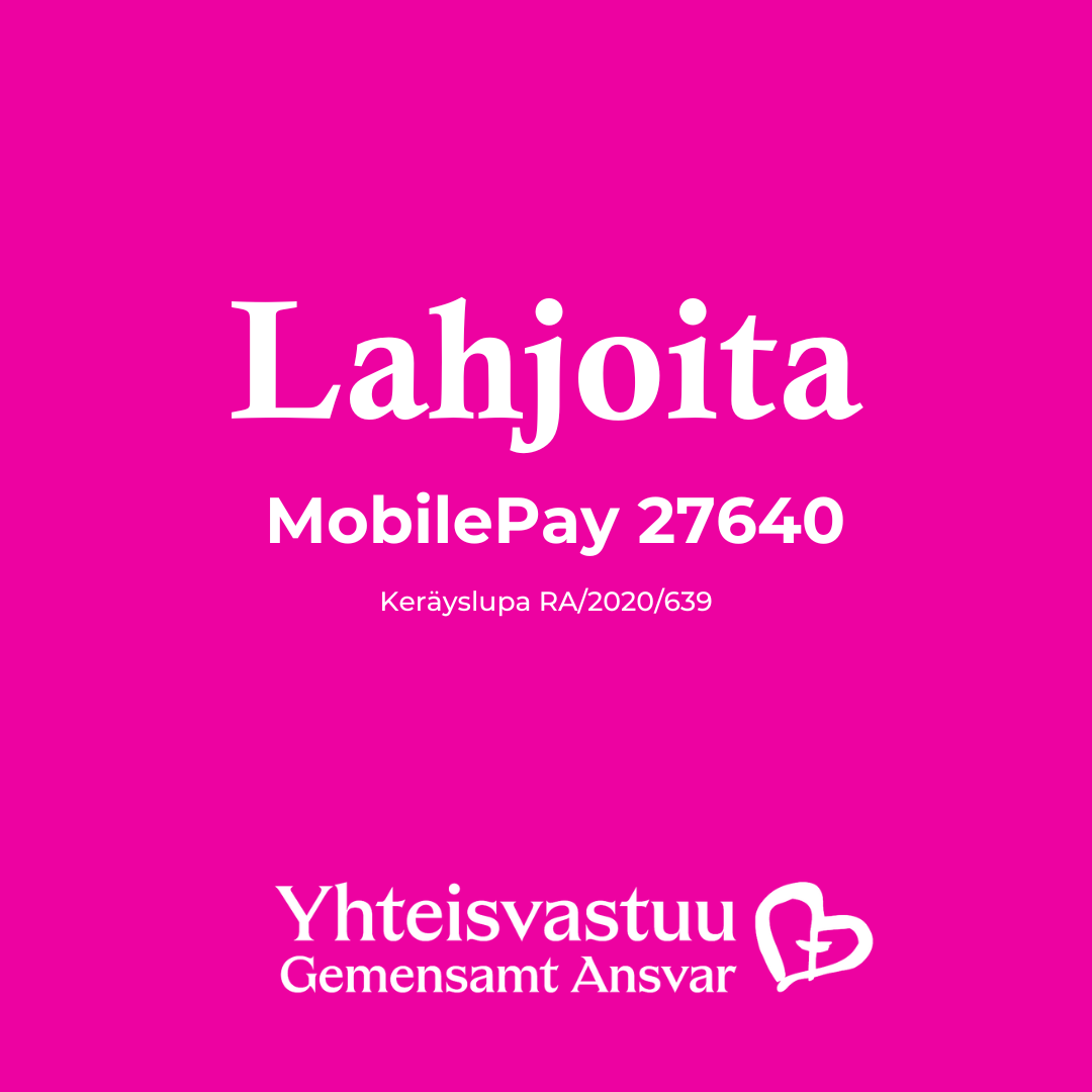 Pinkillä pohjalla teksti Lahjoita Mobile Pay 27640, keräyslupa RA/2020/639 ja Yhteisvastuukeräyksen logo