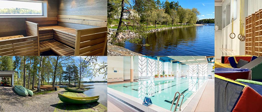 Kuvia liikuntakeskus Pajulahdesta: uimaranta, sauna, uima-allas, kajakkeja.